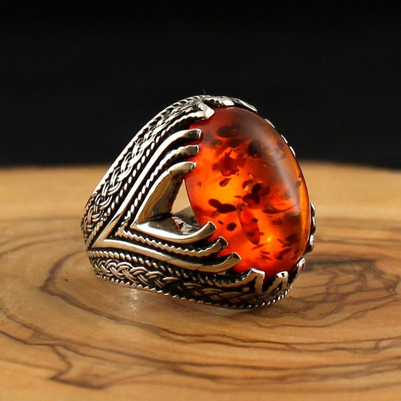 925 Silver & Natural Amber Ring for Men - Ideal Place Market