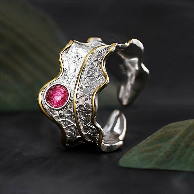 925 Sterling Silver & Natural Tourmaline Women's Curled Leaf Ring - Ideal Place Market