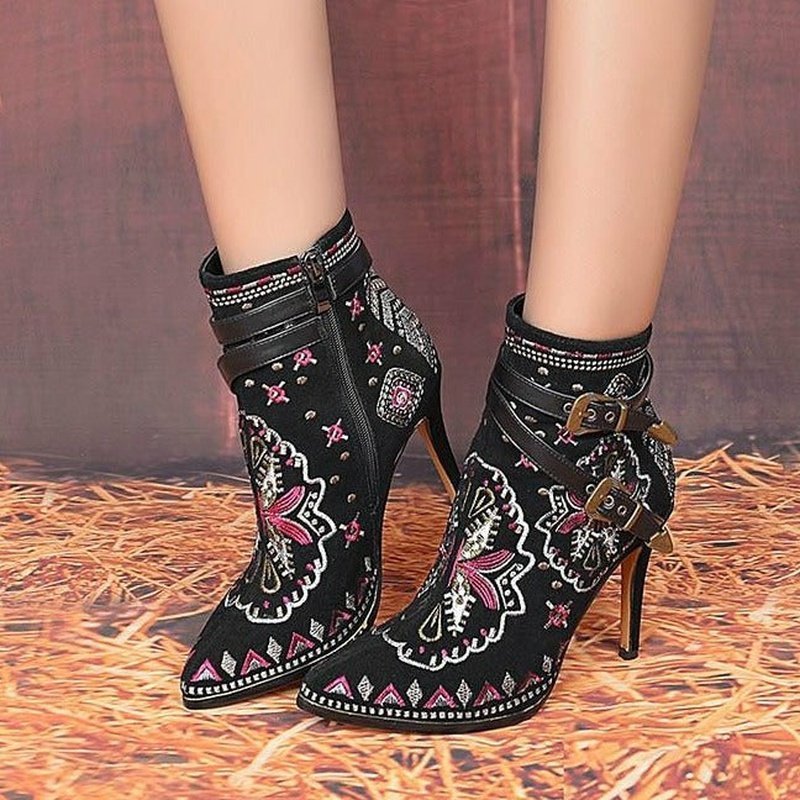 Artisan-Made Embroidered Genuine Black Suede High Heel Booties - Ideal Place Market