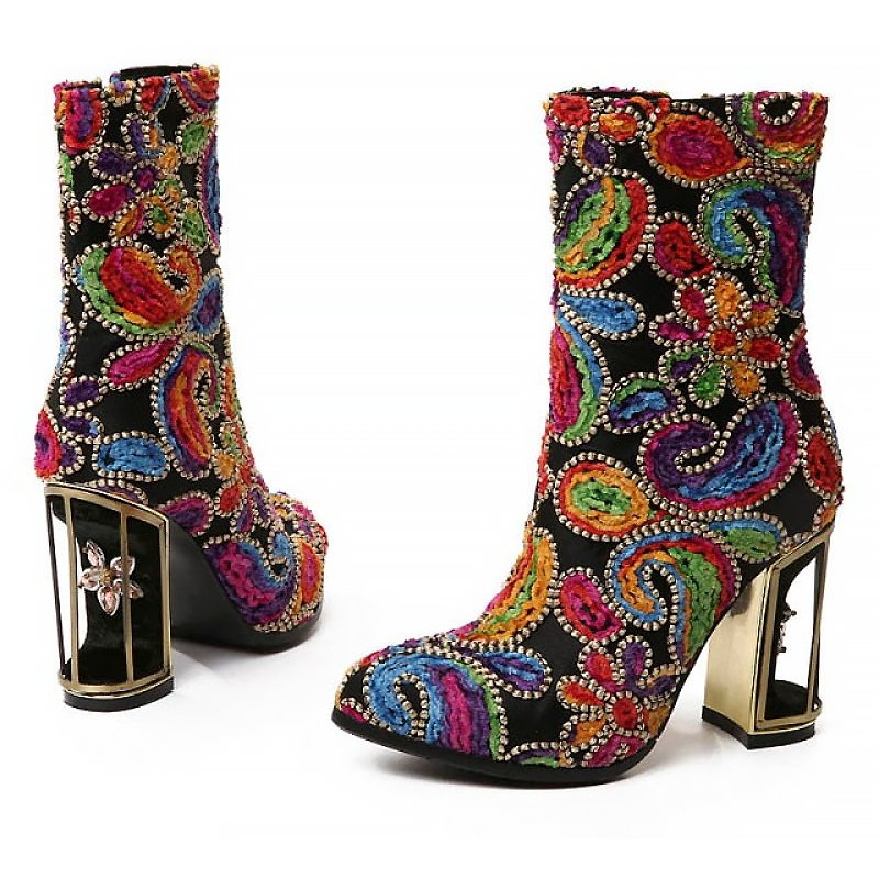 Artisan Superbly Handmade & Beaded Jacquard Birdcage Heel Boots - 2 Heel Heights - Ideal Place Market