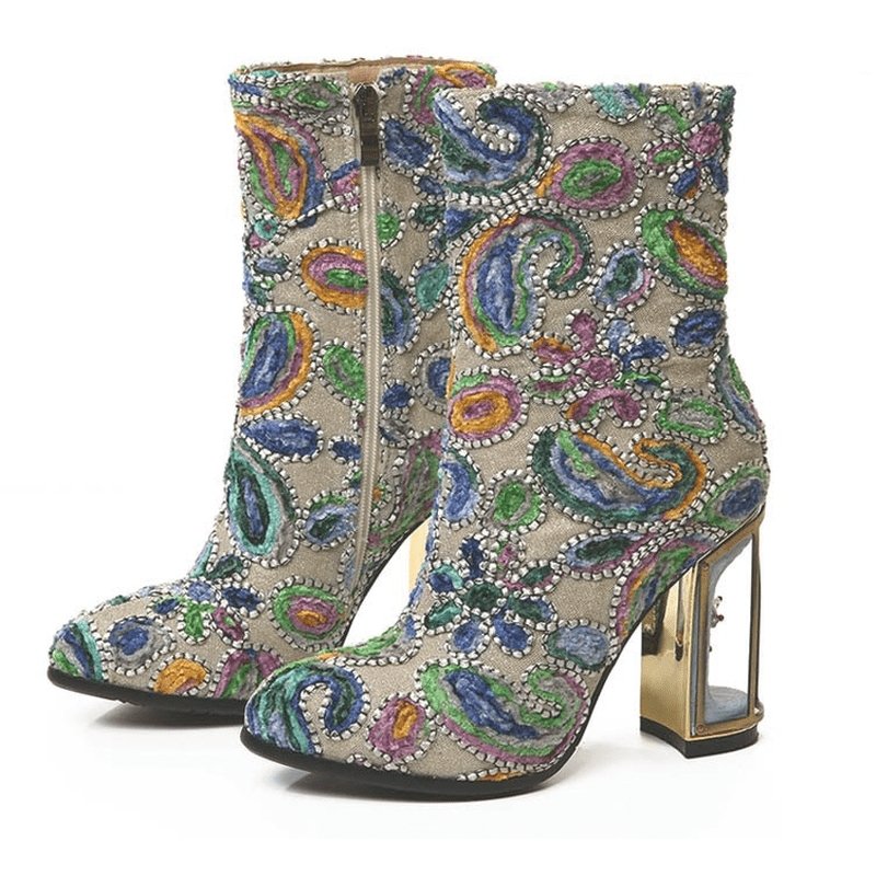 Artisan Superbly Handmade & Beaded Jacquard Birdcage Heel Boots - 2 Heel Heights - Ideal Place Market