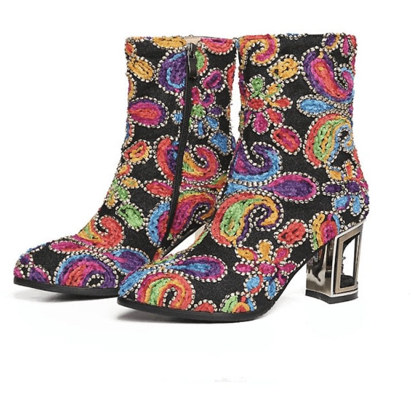 Artisan Superbly Handmade & Beaded Jacquard Birdcage Heel Boots - 2 Heel Heights - Ideal Place Market