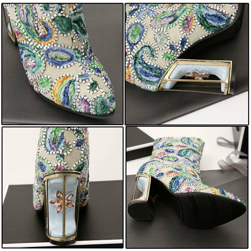 Artisan Superbly Handmade & Beaded Jacquard Birdcage Heel Boots - 2 Heel Heights - Ideal Place Market