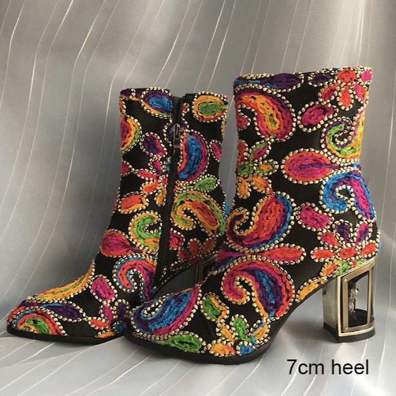 Artisan Superbly Handmade & Beaded Jacquard Birdcage Heel Boots - 2 Heel Heights - Ideal Place Market