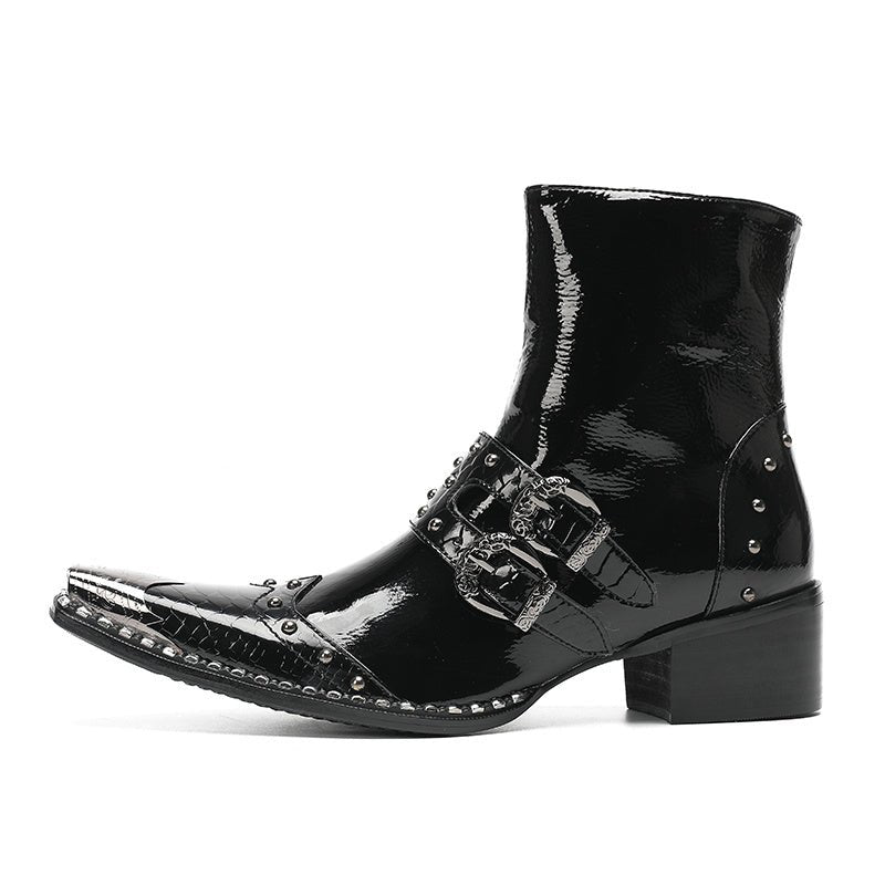 Black Patent or Metallic Brown Leather Pointed-Toe Western Ankle Boots - Ideal Place Market