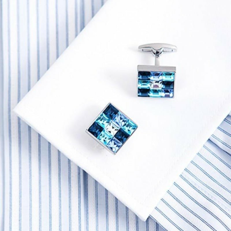 Blue Crystal Tiled Silver Cufflinks for Men - Ideal Place Market