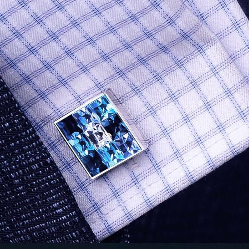 Blue Crystal Tiled Silver Cufflinks for Men - Ideal Place Market