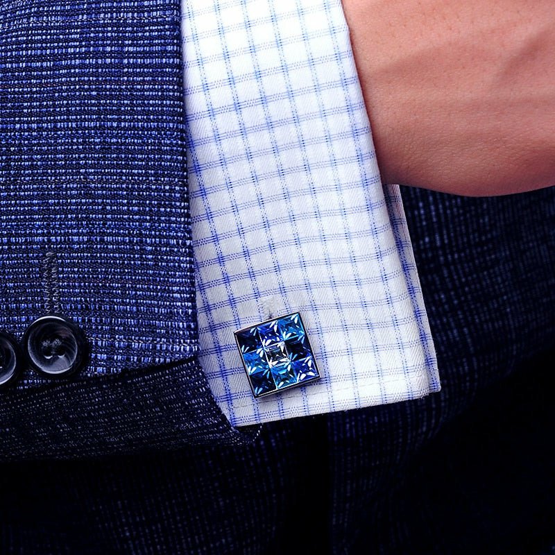 Blue Crystal Tiled Silver Cufflinks for Men - Ideal Place Market