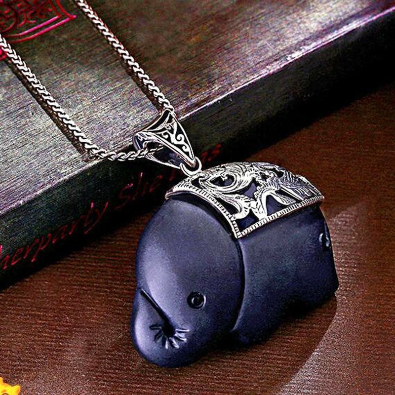 Blue Obsidian & Thai Silver Elephant Pendant Necklace - Ideal Place Market