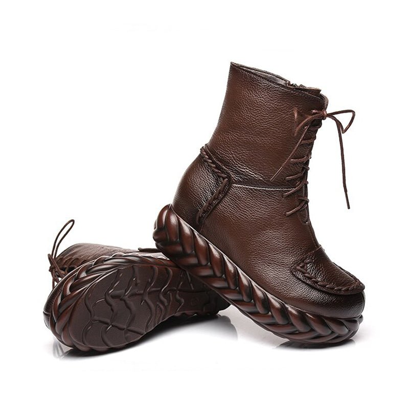 Braided Platform Handmade Tanned Cowhide Lace-Up Boots - Ideal Place Market