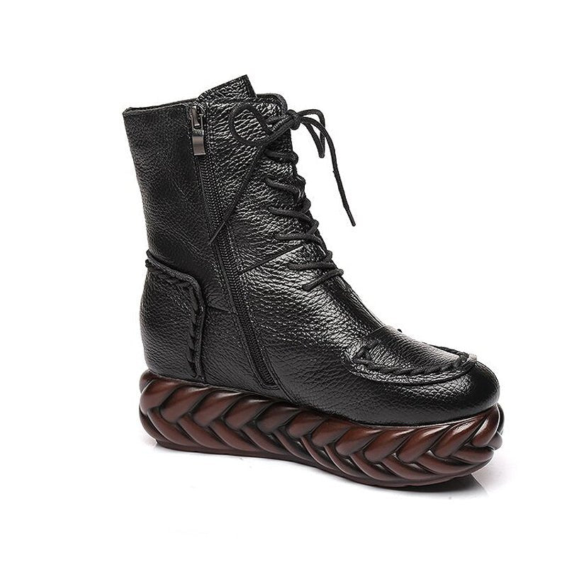 Braided Platform Handmade Tanned Cowhide Lace-Up Boots - Ideal Place Market