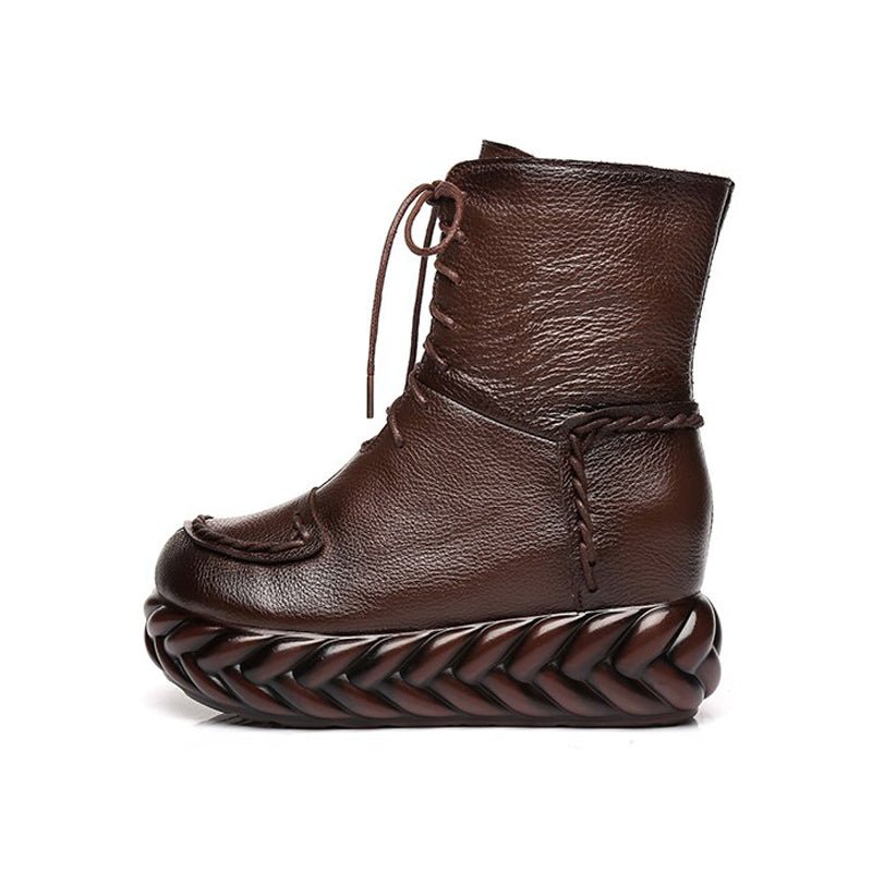 Braided Platform Handmade Tanned Cowhide Lace-Up Boots - Ideal Place Market