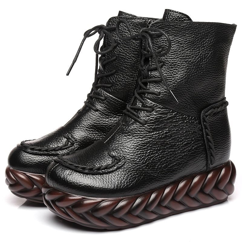 Braided Platform Handmade Tanned Cowhide Lace-Up Boots - Ideal Place Market