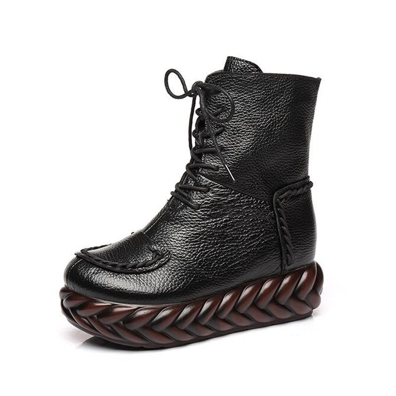 Braided Platform Handmade Tanned Cowhide Lace-Up Boots - Ideal Place Market