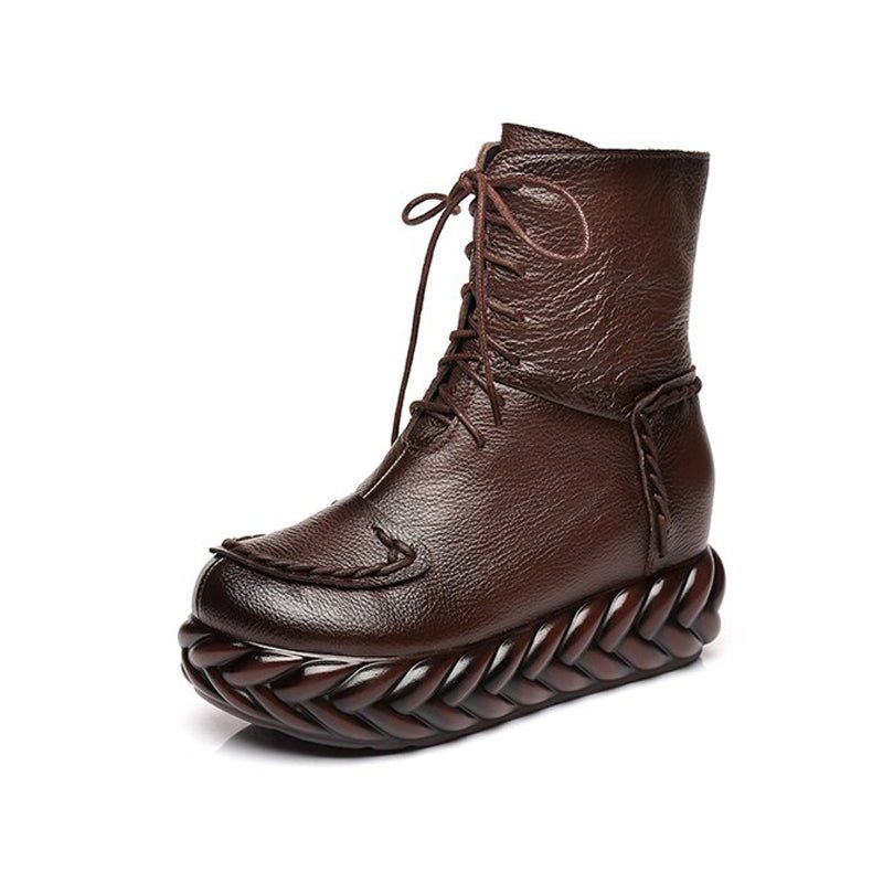 Braided Platform Handmade Tanned Cowhide Lace-Up Boots - Ideal Place Market