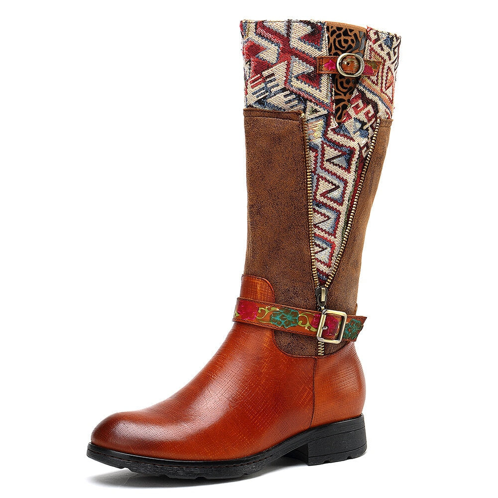 Brown Tanned Cowhide Boots with Woven Southwestern Accents -