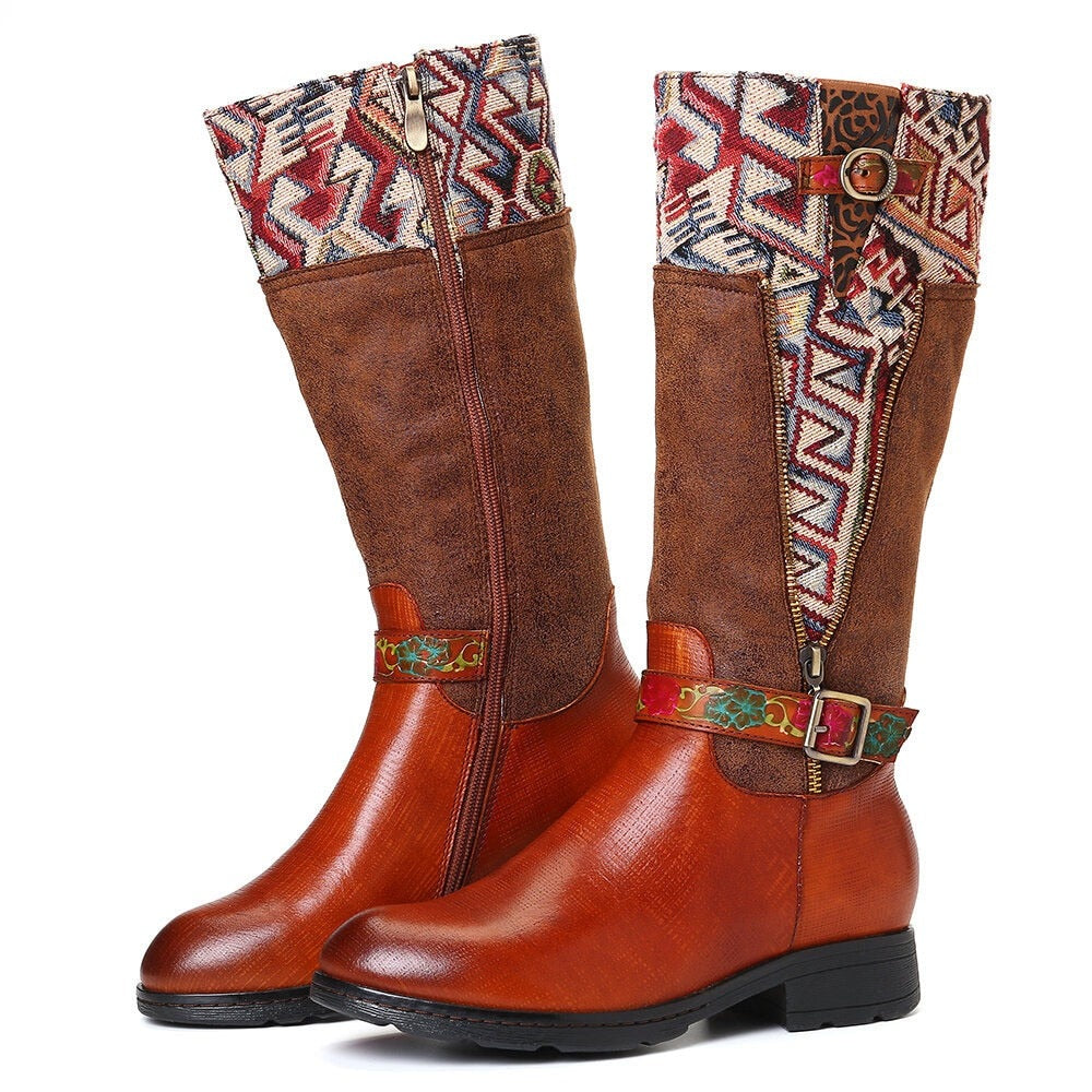 Brown Tanned Cowhide Boots with Woven Southwestern Accents