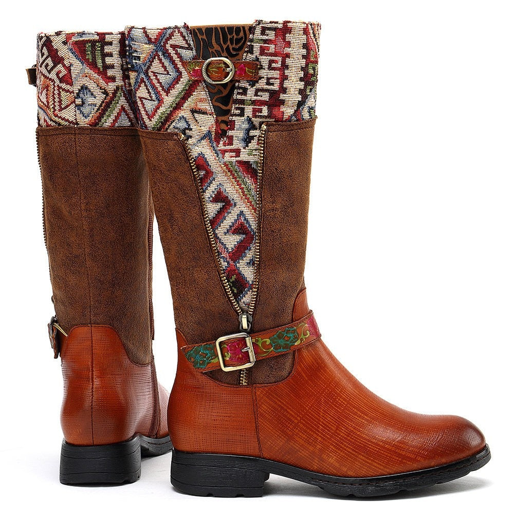 Brown Tanned Cowhide Boots with Woven Southwestern Accents