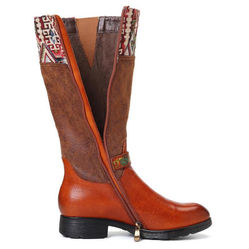 Brown Tanned Cowhide Boots with Woven Southwestern Accents