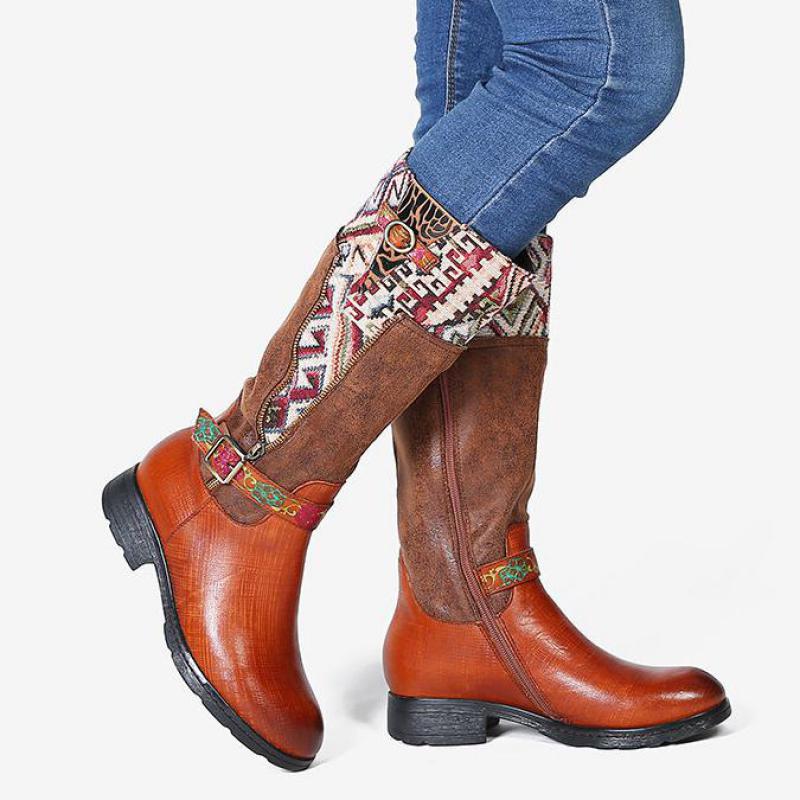 Brown Tanned Cowhide Boots with Woven Southwestern Accents