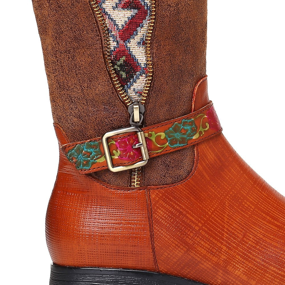 Brown Tanned Cowhide Boots with Woven Southwestern Accents