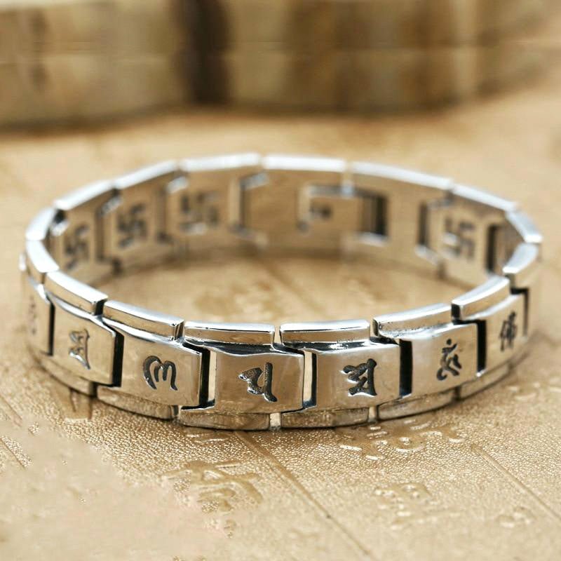 Buddhist Six-Character Mantra Linked Sterling Silver Bracelet - Ideal Place Market