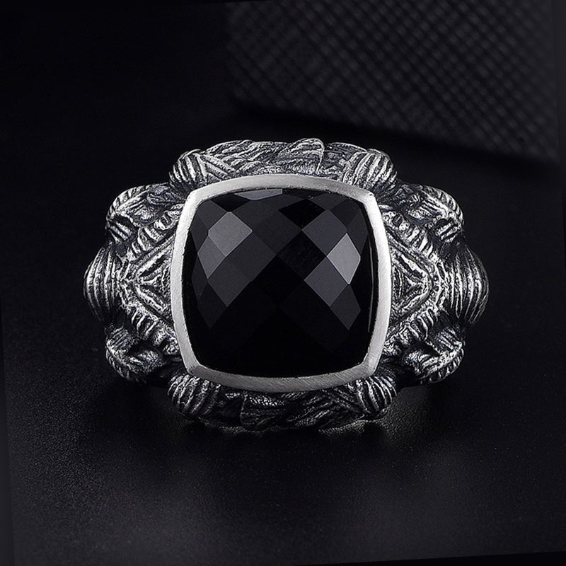 Bull Elephant S925 Ring with Natural Black Agate Center Stone - Ideal Place Market