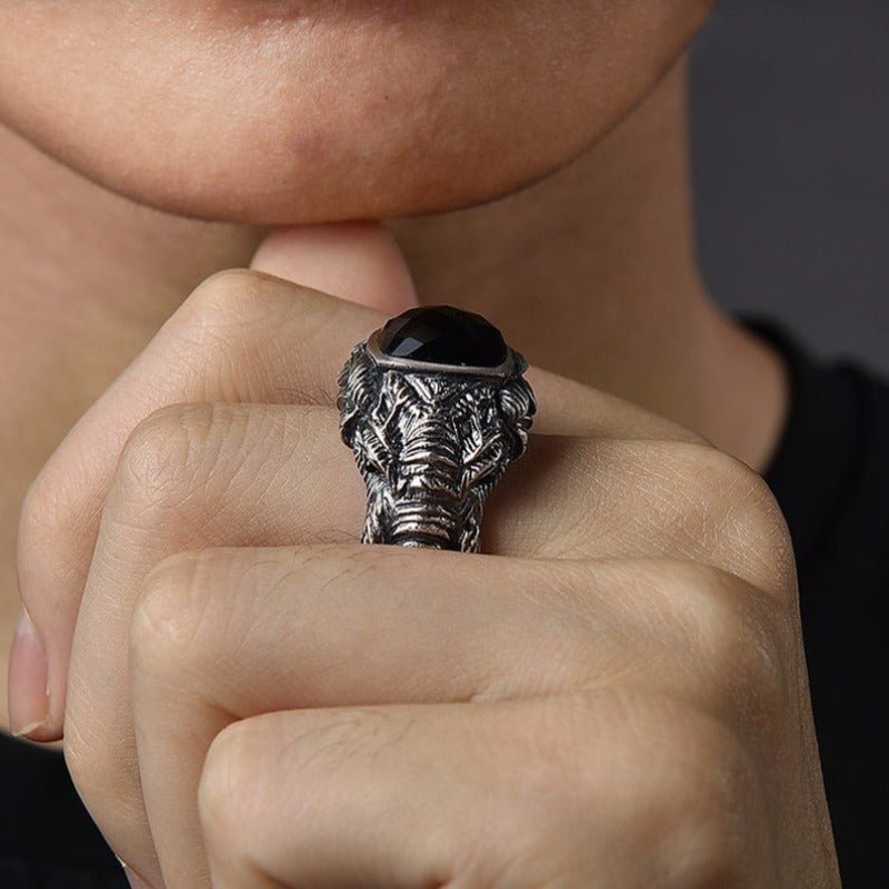 Bull Elephant S925 Ring with Natural Black Agate Center Stone - Ideal Place Market