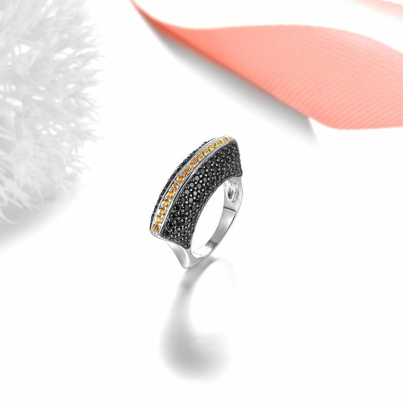 Citrine Stripe & Black Pavé Stoned S925 Silver Ring - Ideal Place Market