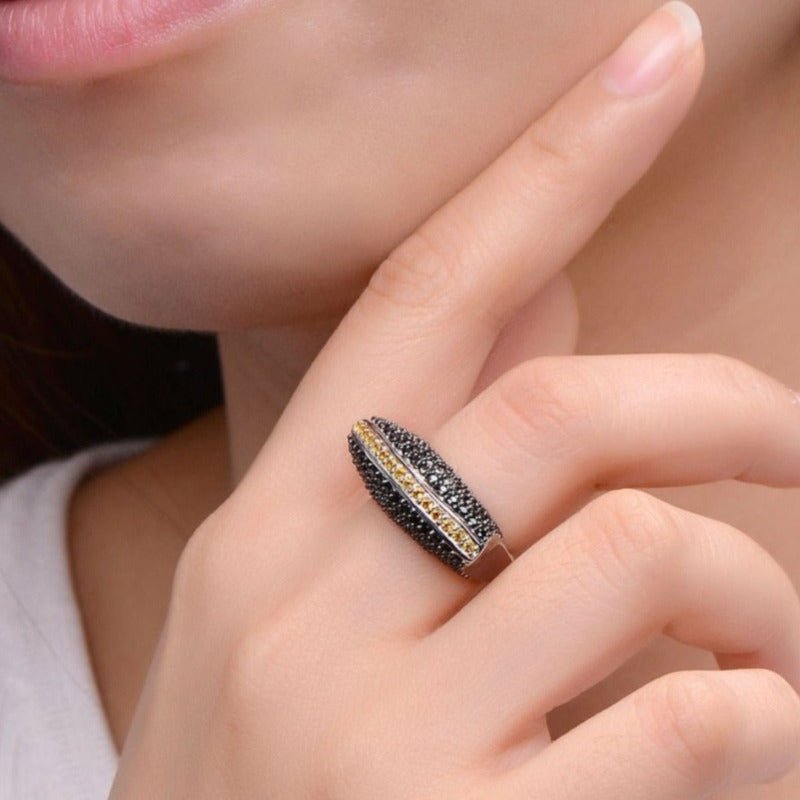 Citrine Stripe & Black Pavé Stoned S925 Silver Ring - Ideal Place Market