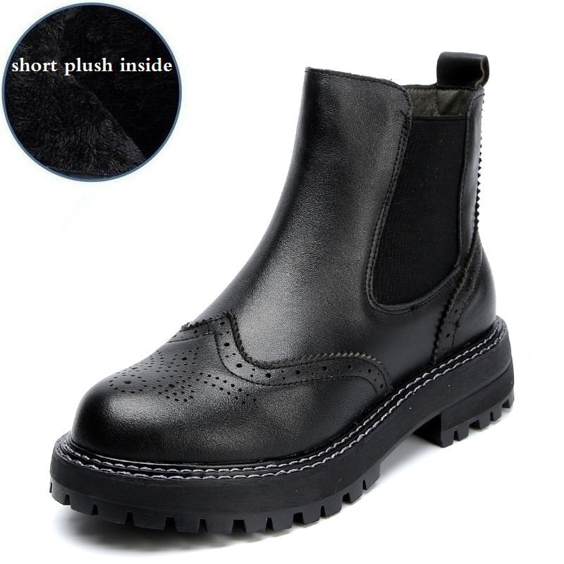 Classic Brogue Genuine Cowhide Pull-On Ankle Booties - Ideal Place Market