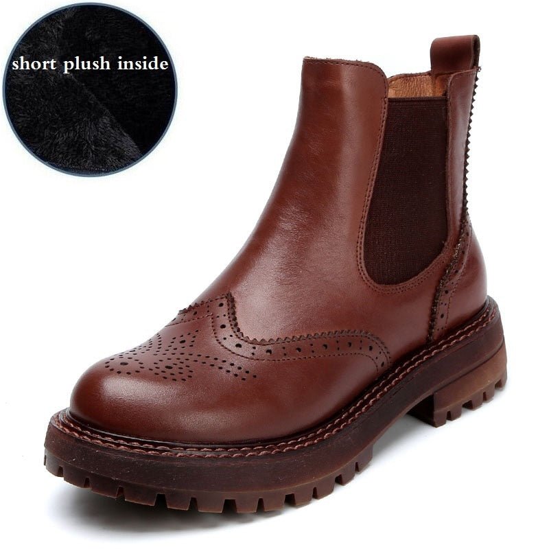 Classic Brogue Genuine Cowhide Pull-On Ankle Booties - Ideal Place Market