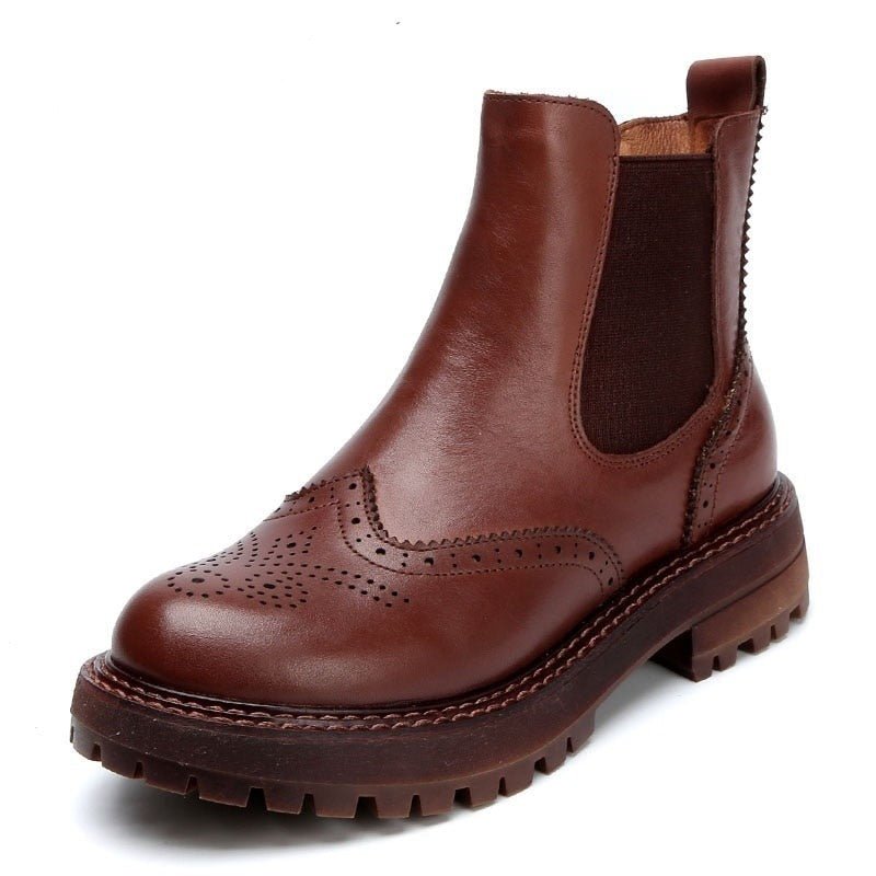 Classic Brogue Genuine Cowhide Pull-On Ankle Booties - Ideal Place Market