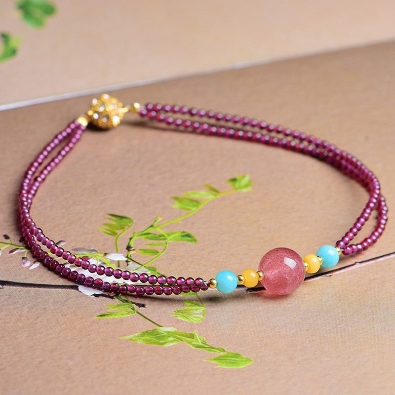 Double Stranded Garnet & Natural Crystal Beaded Anklet - Ideal Place Market