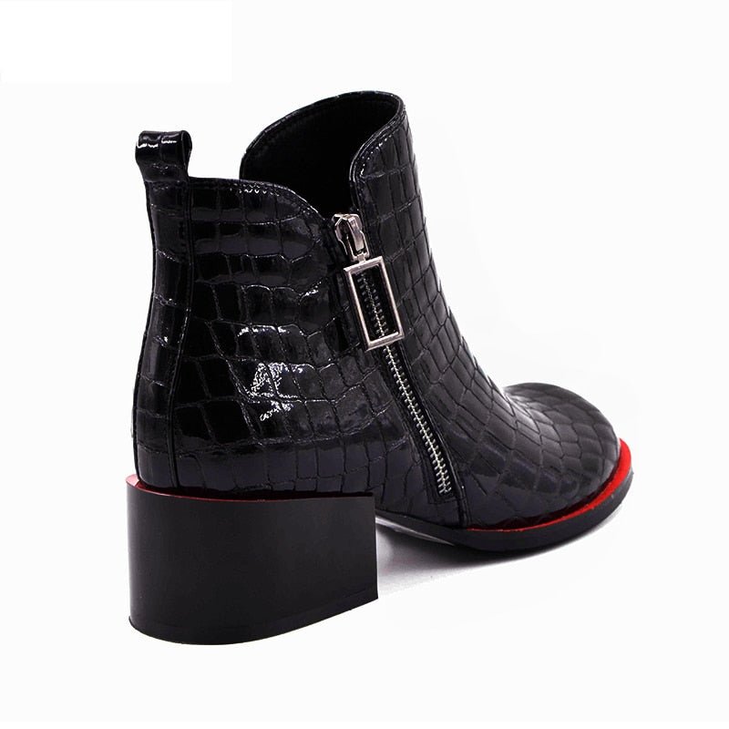 Embossed Black Patent LeatherBooties with Red Contrasts - Ideal Place Market