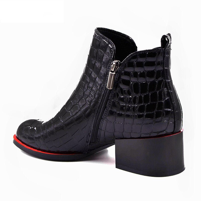 Embossed Black Patent LeatherBooties with Red Contrasts - Ideal Place Market