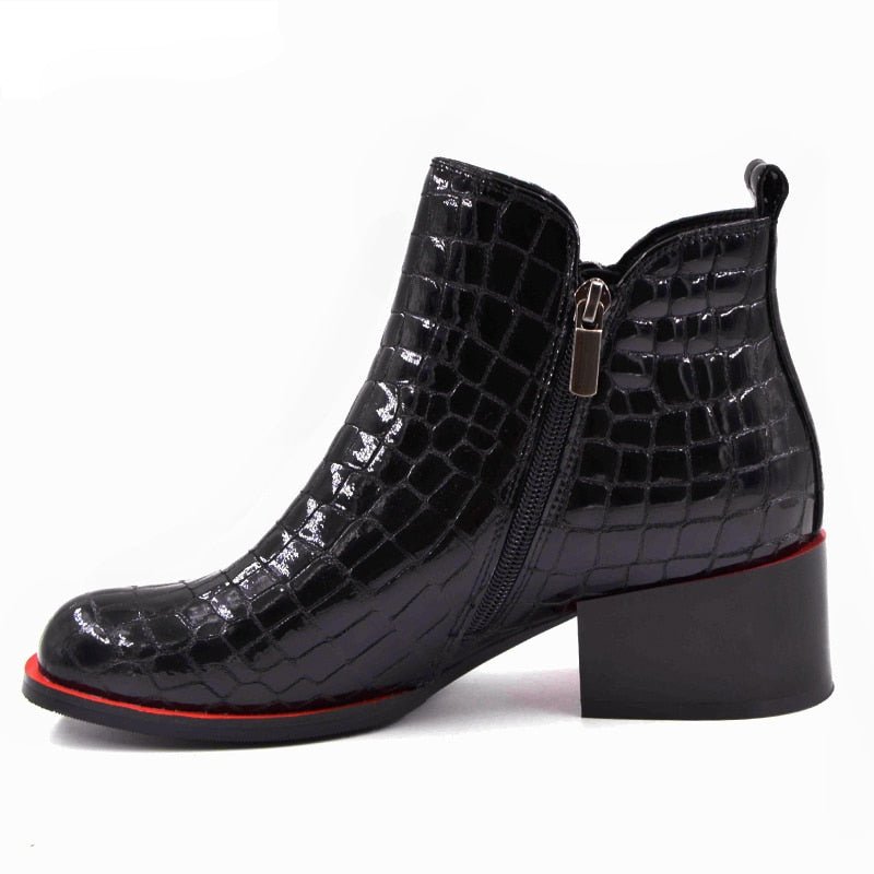 Embossed Black Patent LeatherBooties with Red Contrasts - Ideal Place Market