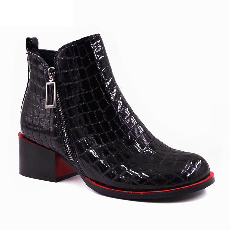 Embossed Black Patent LeatherBooties with Red Contrasts - Ideal Place Market