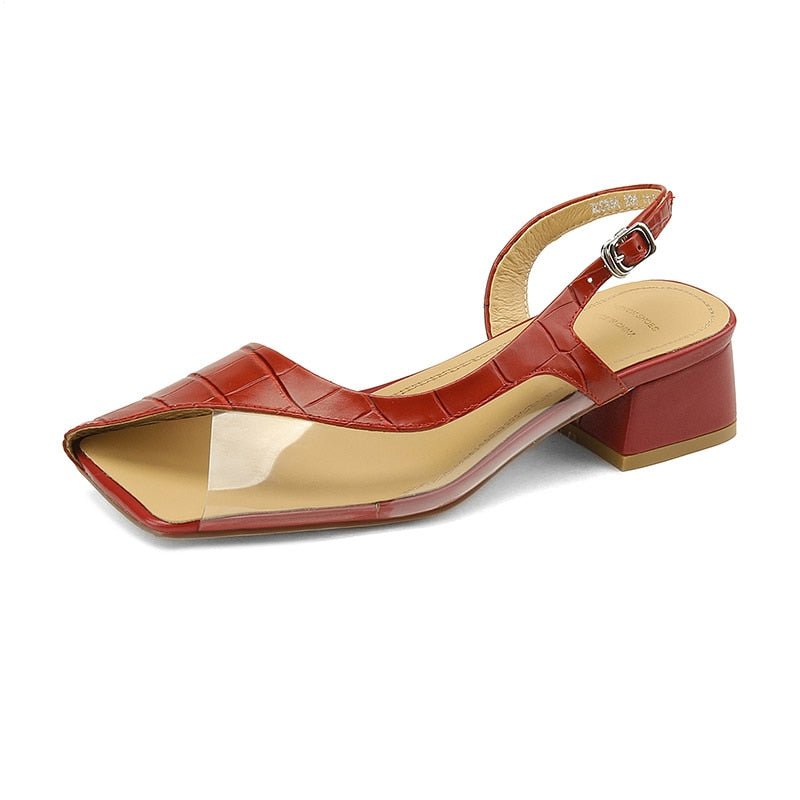 Embossed Cowhide Modern Minimalist Square Heel Sandals - Ideal Place Market