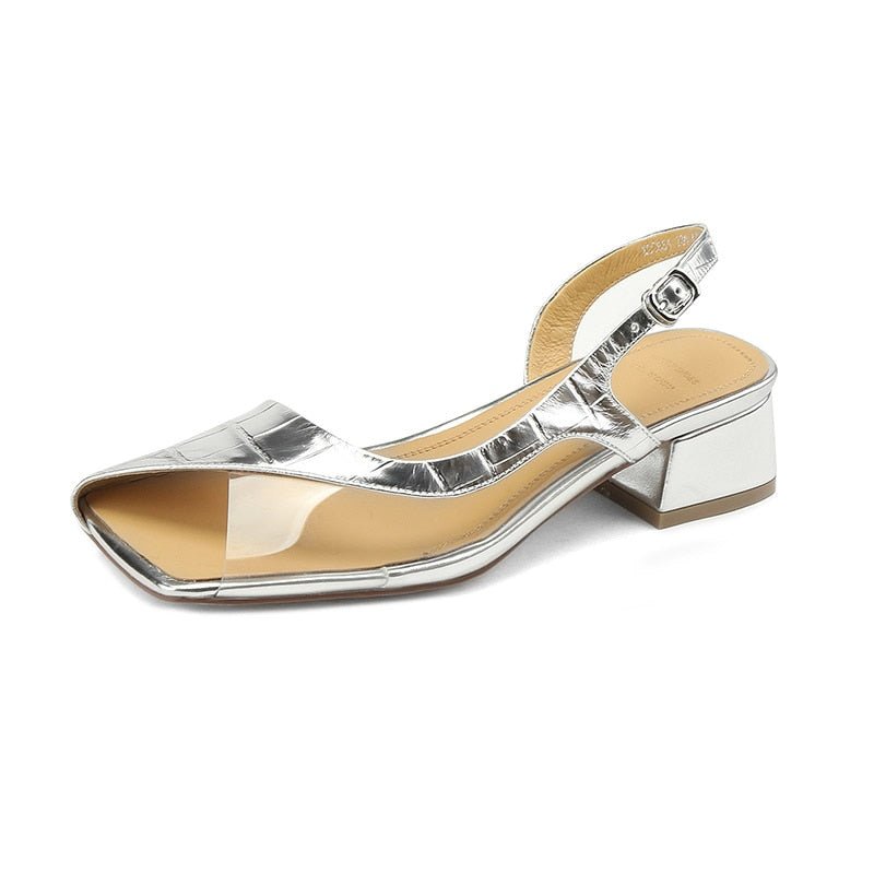 Embossed Cowhide Modern Minimalist Square Heel Sandals - Ideal Place Market