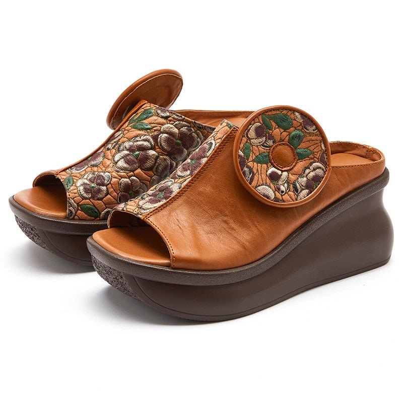 Embossed & Tanned Cowhide Fishmouth Platform Sandals - Ideal Place Market