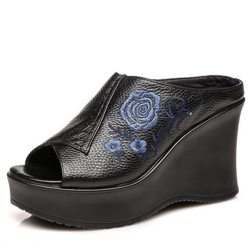 Embroidered Blue Rose Tanned Pebble Leather Slip-On Wedges - Ideal Place Market