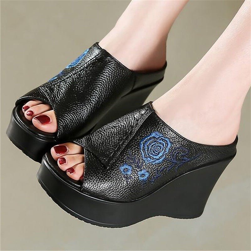 Embroidered Blue Rose Tanned Pebble Leather Slip-On Wedges - Ideal Place Market