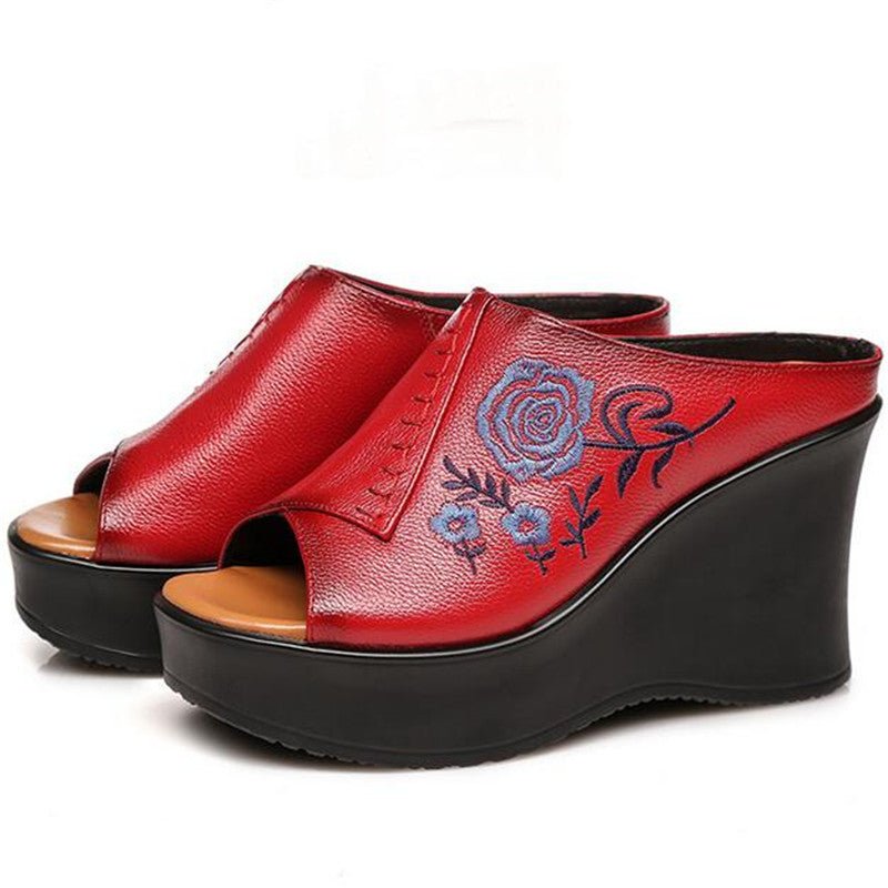 Embroidered Blue Rose Tanned Pebble Leather Slip-On Wedges - Ideal Place Market