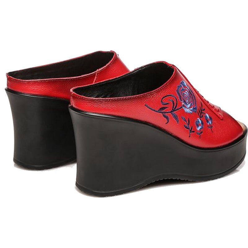 Embroidered Blue Rose Tanned Pebble Leather Slip-On Wedges - Ideal Place Market