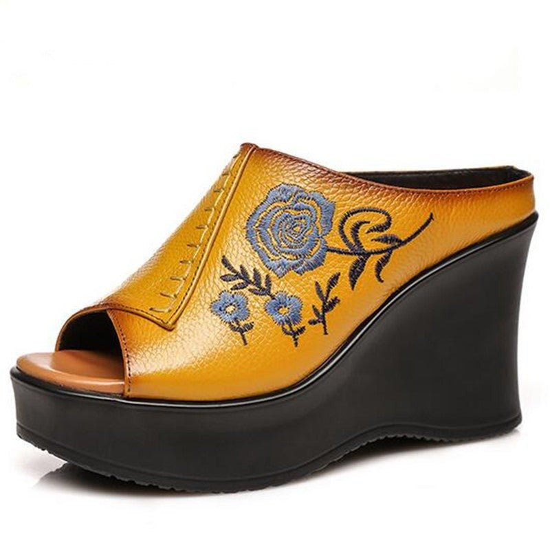 Embroidered Blue Rose Tanned Pebble Leather Slip-On Wedges - Ideal Place Market