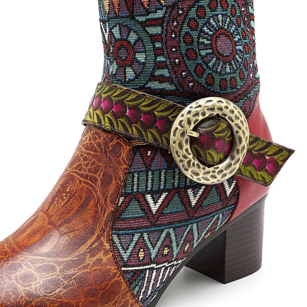 Embroidered Genuine Cowhide Narrow Toe Cowboy Boots