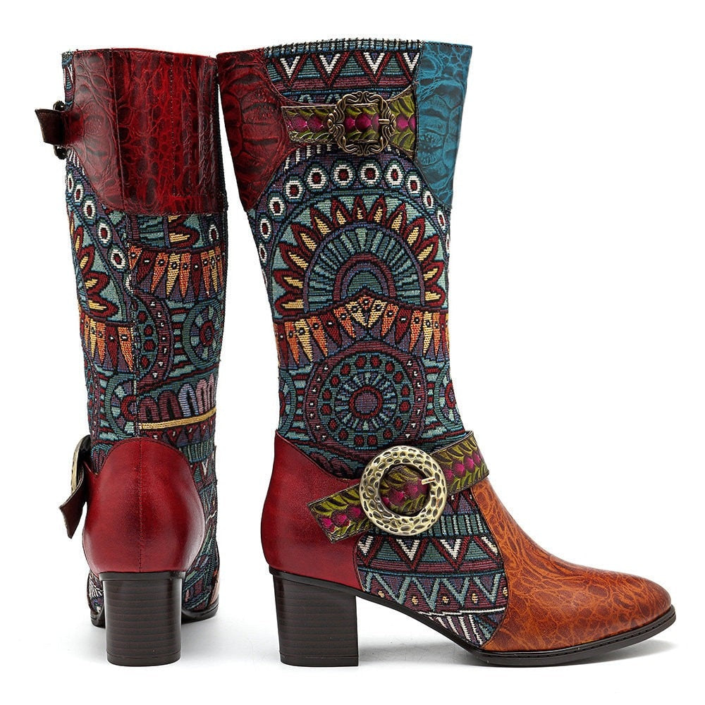 Embroidered Genuine Cowhide Narrow Toe Cowboy Boots