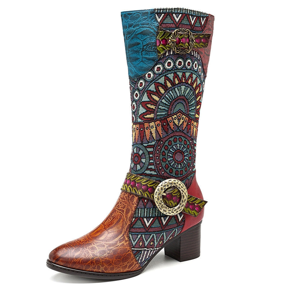 Embroidered Genuine Cowhide Narrow Toe Cowboy Boots