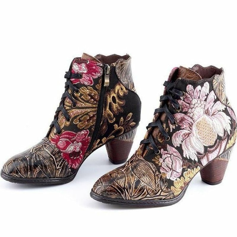 Embroidered & Hand-Painted Leather Booties - Ideal Place Market